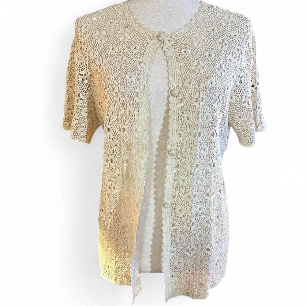 60s Cream Crochet Short Sleeve Cotton Handmade Cardigan